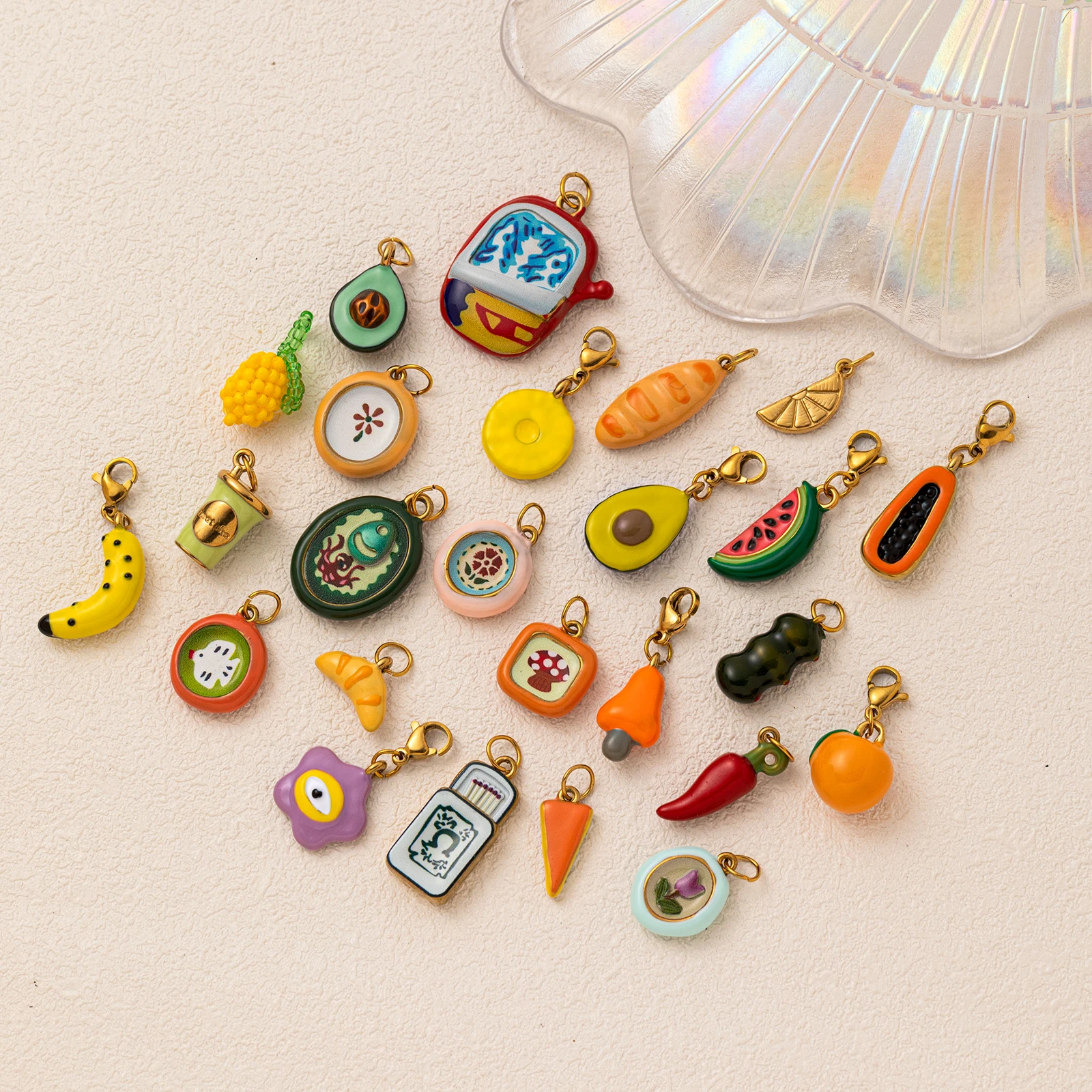 

Wholesale 5pcs/lot 18K gold-plated DIY enamel stainless steel pendant, colorful fruit and food handmade jewelry accessories