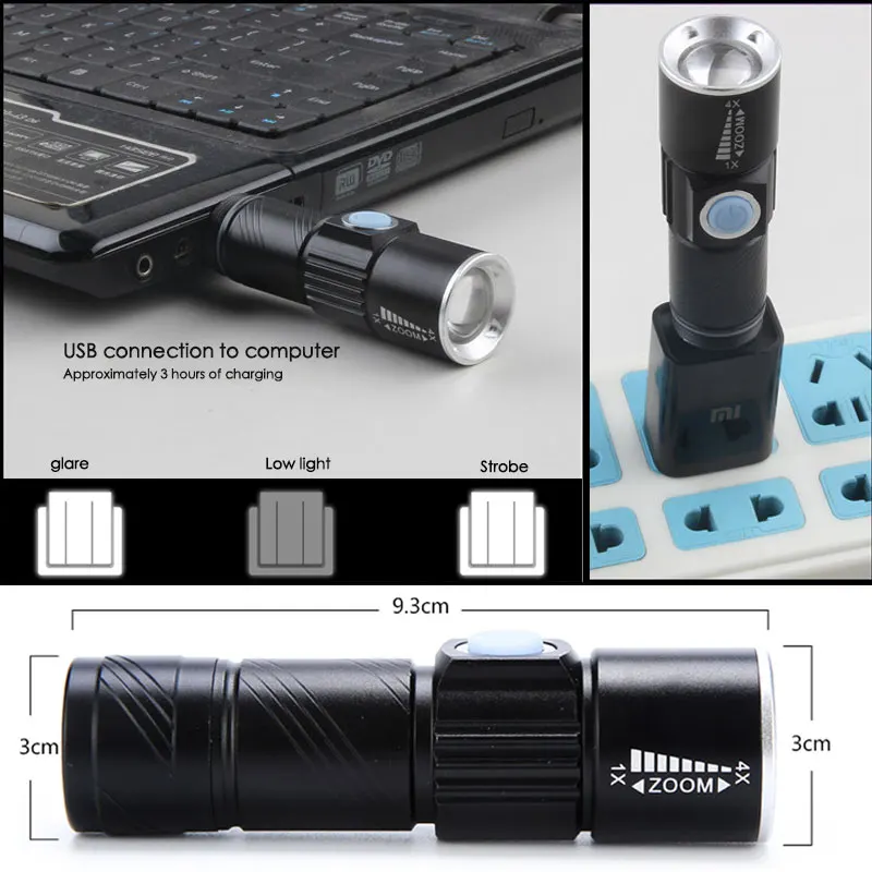 Mini Tragbare USB RechargeableLED Taschenlampe Outdoor Camping LightWaterproof Zoomable Lampe Fahrrad 3 Modus Handliche Flash Licht