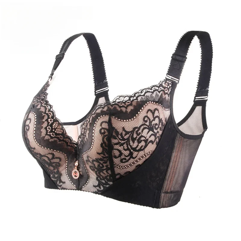 Plus Size Women Bras 50E Double Steel Ring Support Palm-Shaped Padded Cups Mesh PP Point Design Full Coverage Lace Underwire Bra