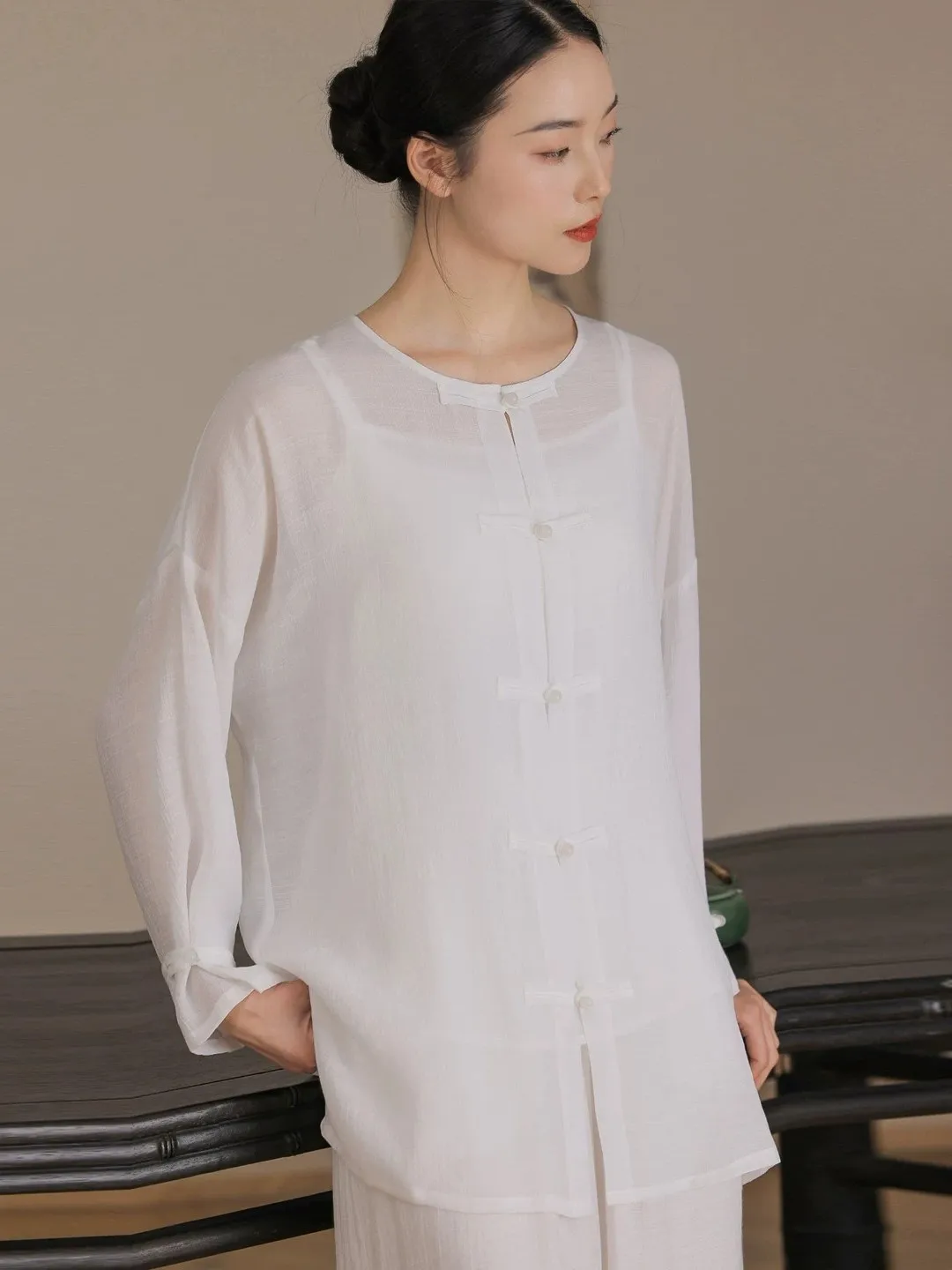 New Chinese Style White Healing Zen Cotton Linen Shirt Simple Clothing Set Traditional Tea Costume Loose Fit Long Sleeve roun...