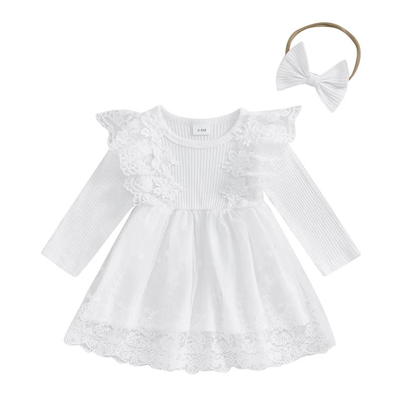 

Baby Girl 2-piece Outfit Long Sleeve Lace Patchwork Dress with Bowknot Headband Fall Outfit