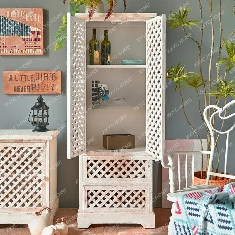 XX Retro solid wood home display   dining side cabinet living room against entrance decorative    hollow art  vertical cabinet