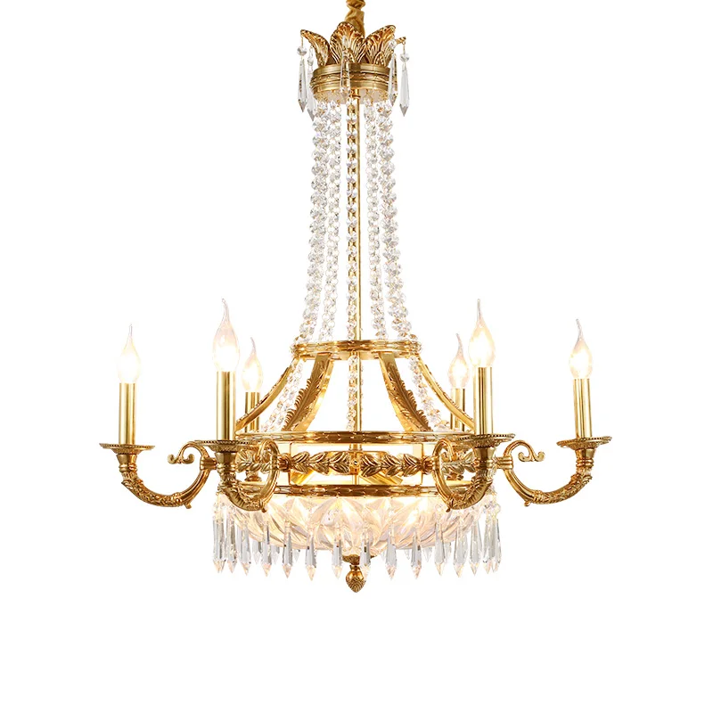 

French Empire Candle Copper Chandelier Living Room Villa Duplex Pendant Lamp European Brass Crystal Suspension Chandelier