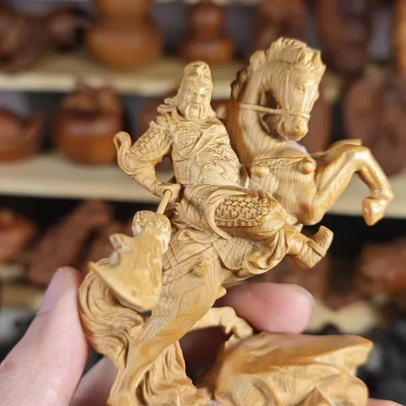 Wood carving Riding a horse Guan Gong God of Wealth Statue Chinese mythological figure  Home room, office decoration accessories view 6