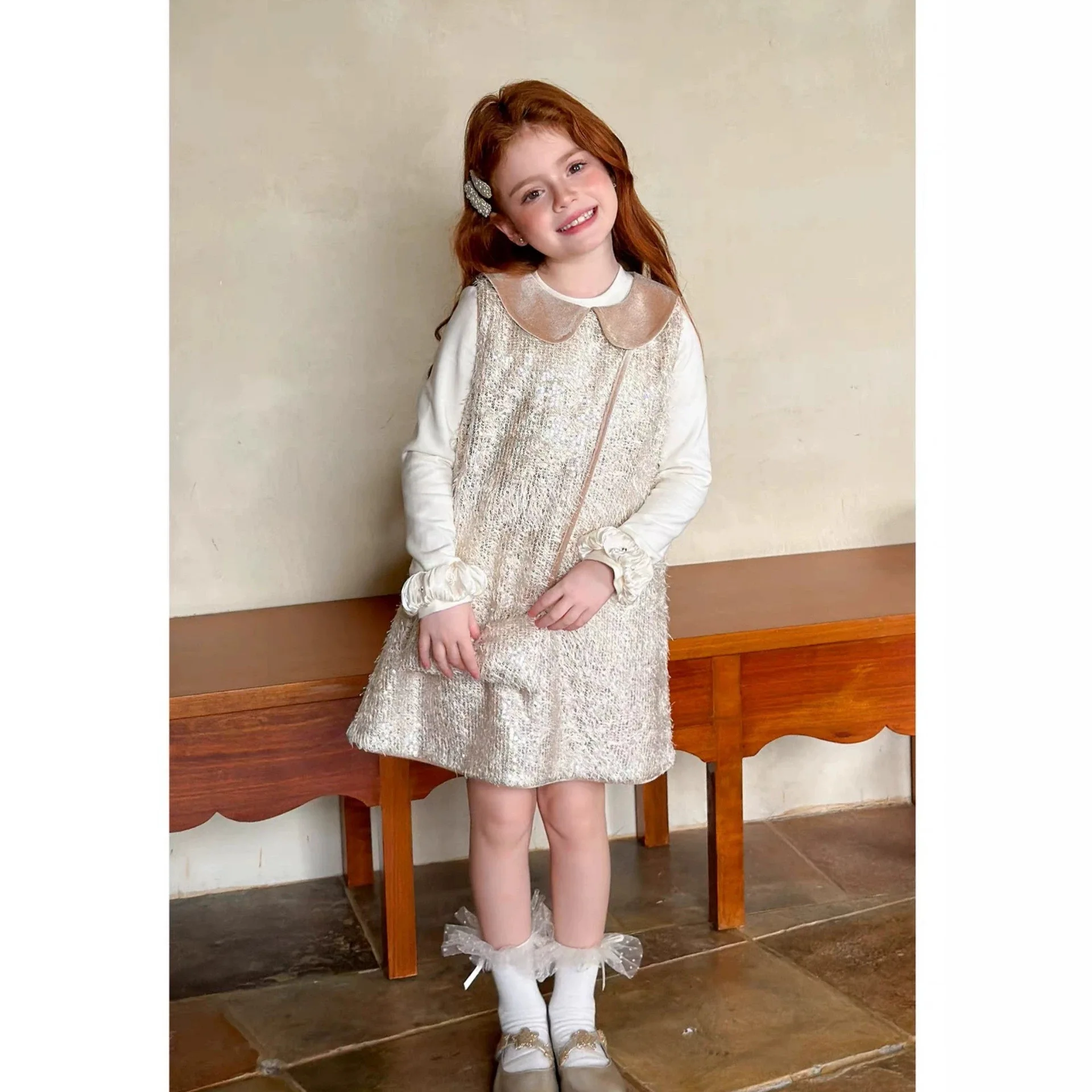2026 New Baby Girls Fall Long Sleeve Sets,  Underwear + Sequined  Vest Dress  Princess Sweet Suits  3-8 T