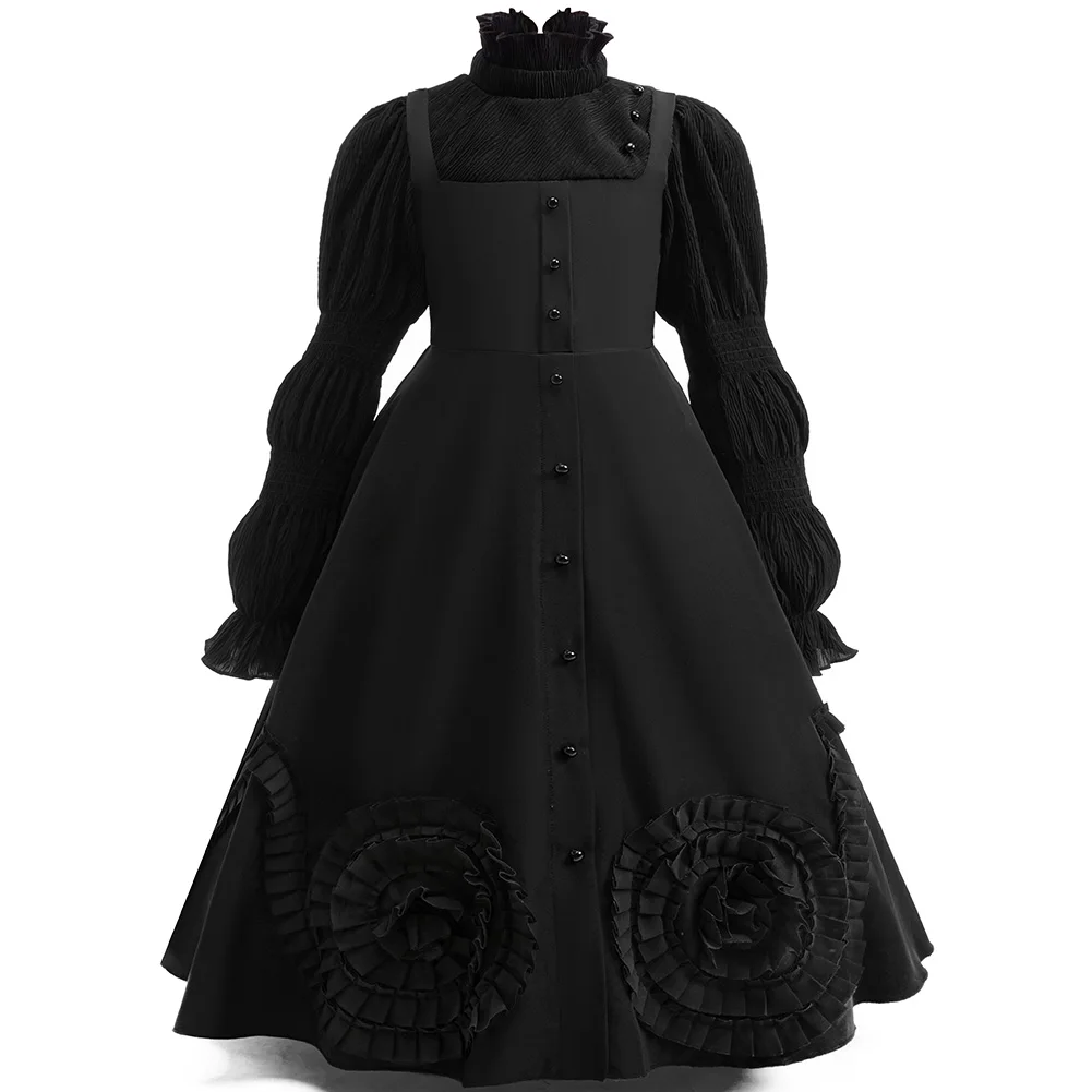 Kid Wicked Elphaba Cosplay Wizard Gothic Black Long Dress For Girls Witch Formal Carnival Party Roleplay wedding Gown