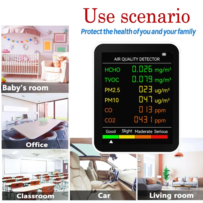 6 in 1 PM2.5 PM10  HCHO TVOC  CO2 CO Air Quality Detector CO2 Formaldehyde Monitor Home Office Gas Analyzersr