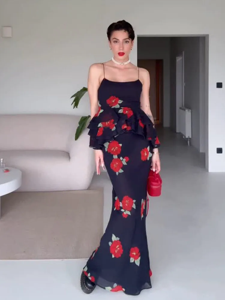 Set atasan dan rok wanita musim panas HH, seksi, 2 potong, motif bunga, atasan suspender dekoratif berlapis + rok midi ramping berpinggang tinggi