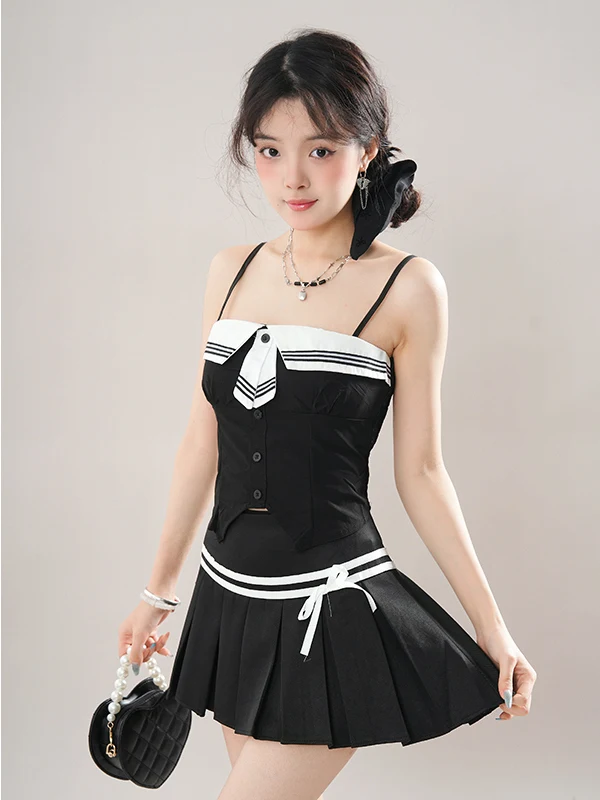 

Lilian Academy Summer New Sle Color Colion Waist Inward Svel Top And Pleated Skirt Faion Set for Young Women