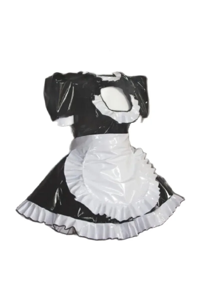 

New Sexy Lockable Sissy PVC Maid Dress with Half Apron Black White Version Puffy Bubble Sleeve Stand-alone Apron Customizable