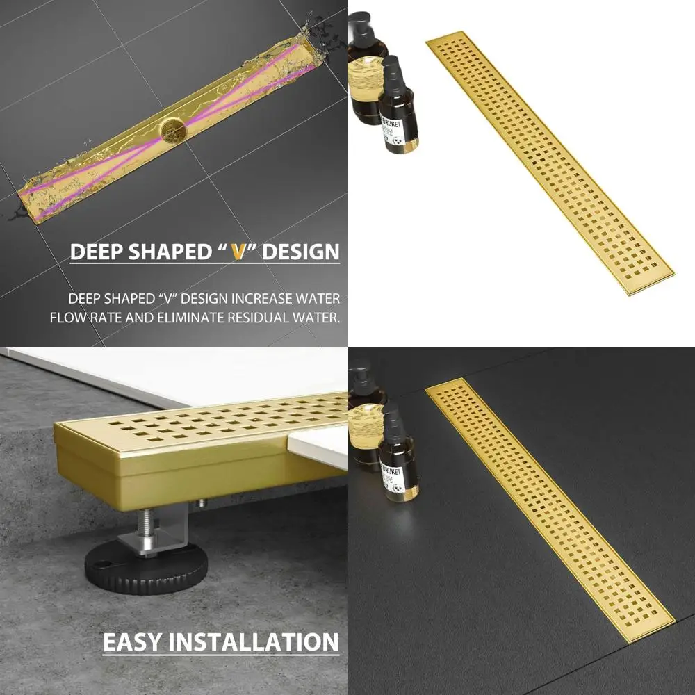 

18 Brushed Gold Linear Shower Drain with Removable Grate, 304 Stainless Steel, Hair Strainer & Leveling Feet