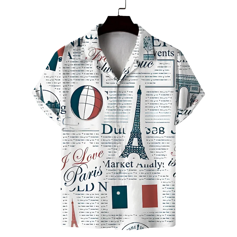 Men's summer Cuban collar short-sleeved shirt retro style old newspaper print shirt casual comfortable versatile breathable