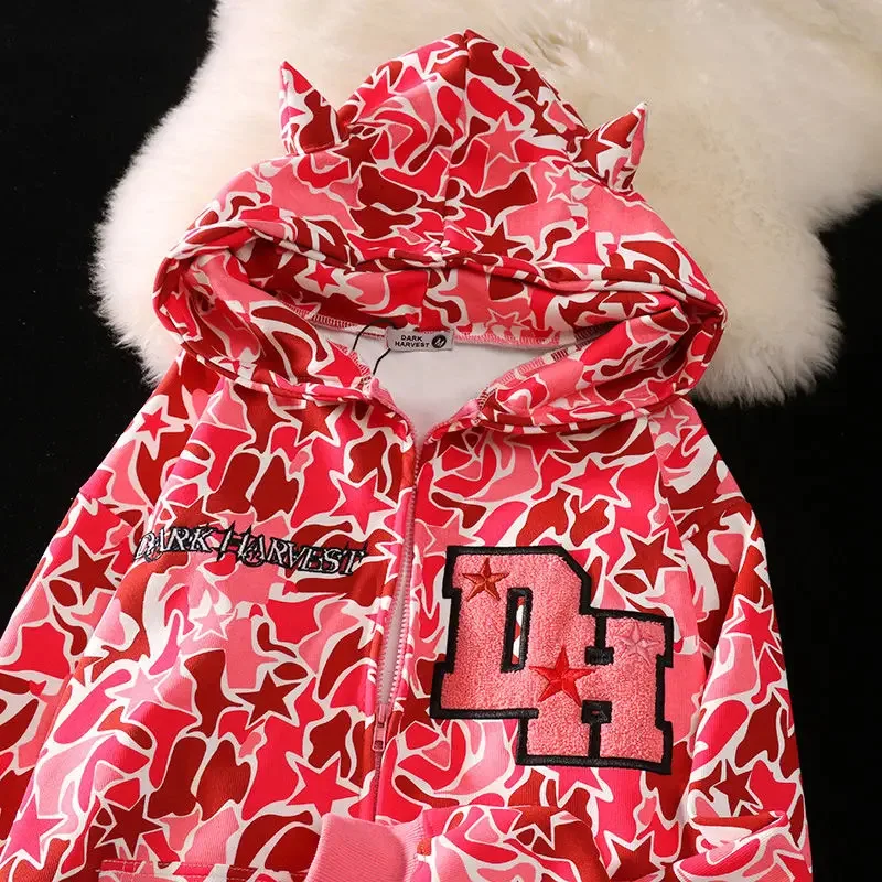 하라주쿠 악마 자수 여성용 후드티, 오버사이즈 카모플라주 스웨트셔츠, 고딕 지퍼 스웨트셔츠, 커플용 스트리트웨어