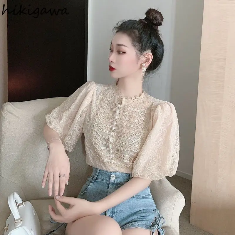 White Women Shirts Puff Sleeve Temperament Lace Chiffon Blouses 2024 Blusas Mujer De Moda Single Breasted Beading Oversized Tops