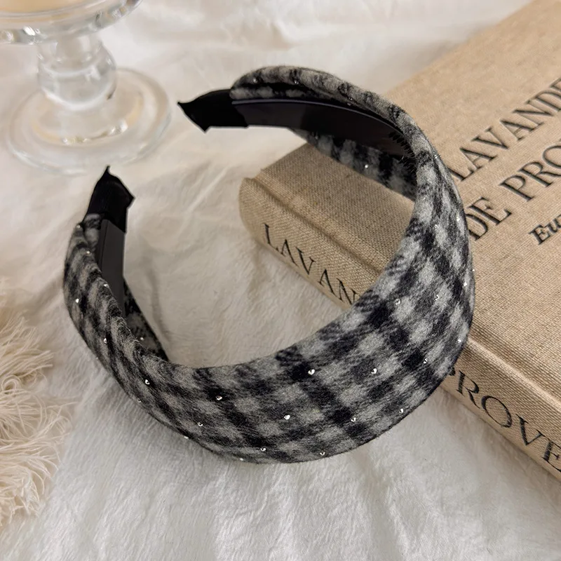 

Vintage Rhinestone Plaid Wool Headband Wide Hair Hoop Elegant Hair Accessories for Women Woolen hairbands