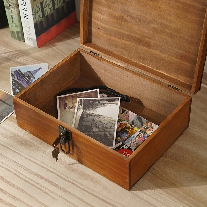 Retro Solid Wood Square Storage Boxes with Keys Desktop Treasure Chest Lockabl Solid Wood Gifts Craft Handmade Storage Box