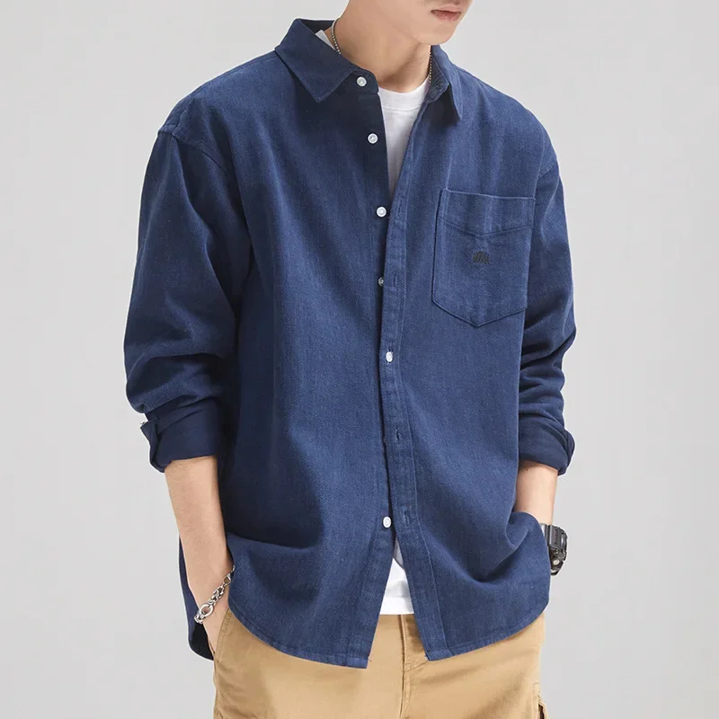 Autumn&winter navy blue American retro shirt men's Japanese workwear handsome sanded design trendy brand season jacket