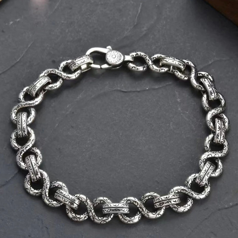 OUYADI S925 Sterling Silver Vintage Punk Tang Grass Pattern Bracelet Men Thick Interlink Chain Hand Ornament