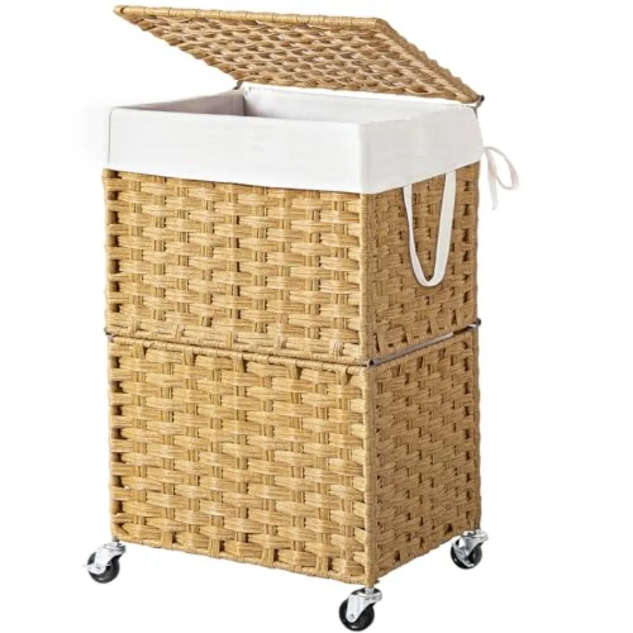 

90L Slim Laundry Hamper with Wheels, Rolling Laundry Basket with Lid and Renovable Liner Bag, Handwoven Rattan Organizer for be