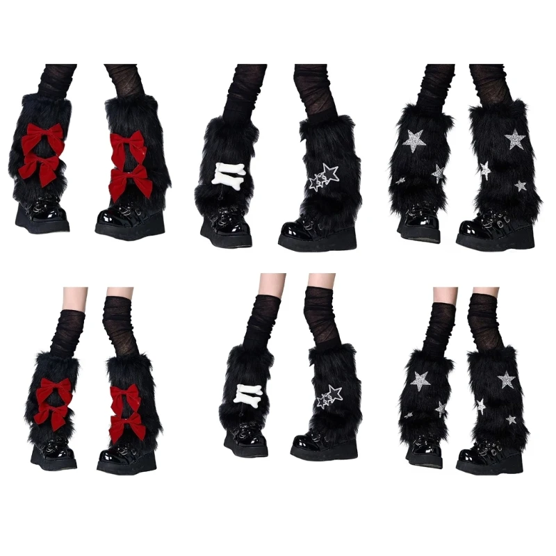 Women Bowknot Plush Leg Warmers Furry Leg Covers Christmas Boot Toppers Drop shipping