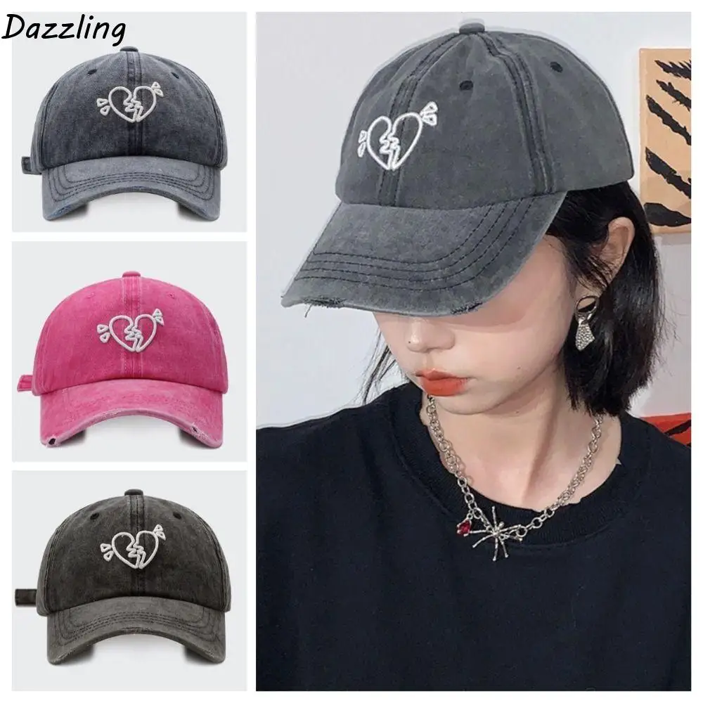 

Cotton Love Heart Baseball Cap Sunscreen Korean Style Embroidered Sun Hat Hip-hop Adjustable Washed Cotton Peaked Hat Outdoor