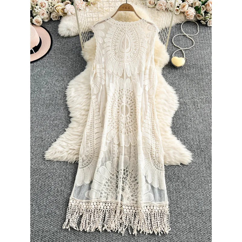 2025 women boho summer sexy lace crochet long tank dress casual hollow out beach holiday dresses tassel elegant split vestidos