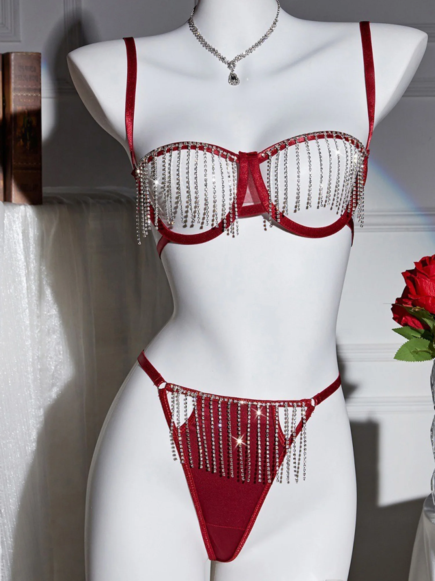 

Sexy Lace Lingerie Set with Rhinestone Embellishments and Cut-Out Details Seductive Babydoll Bra and Thong 2 Piece Set