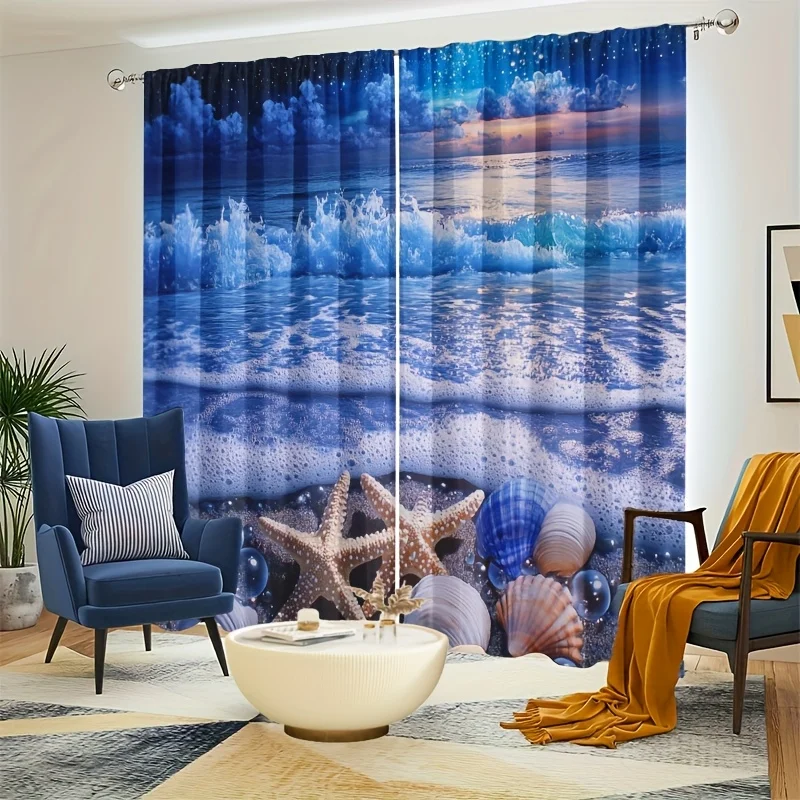 Nautical Beach Ocean Wave Curtains 2pcs Blue Tropical Marine Window Curtains Pair for Living Room Bedroom Decor
