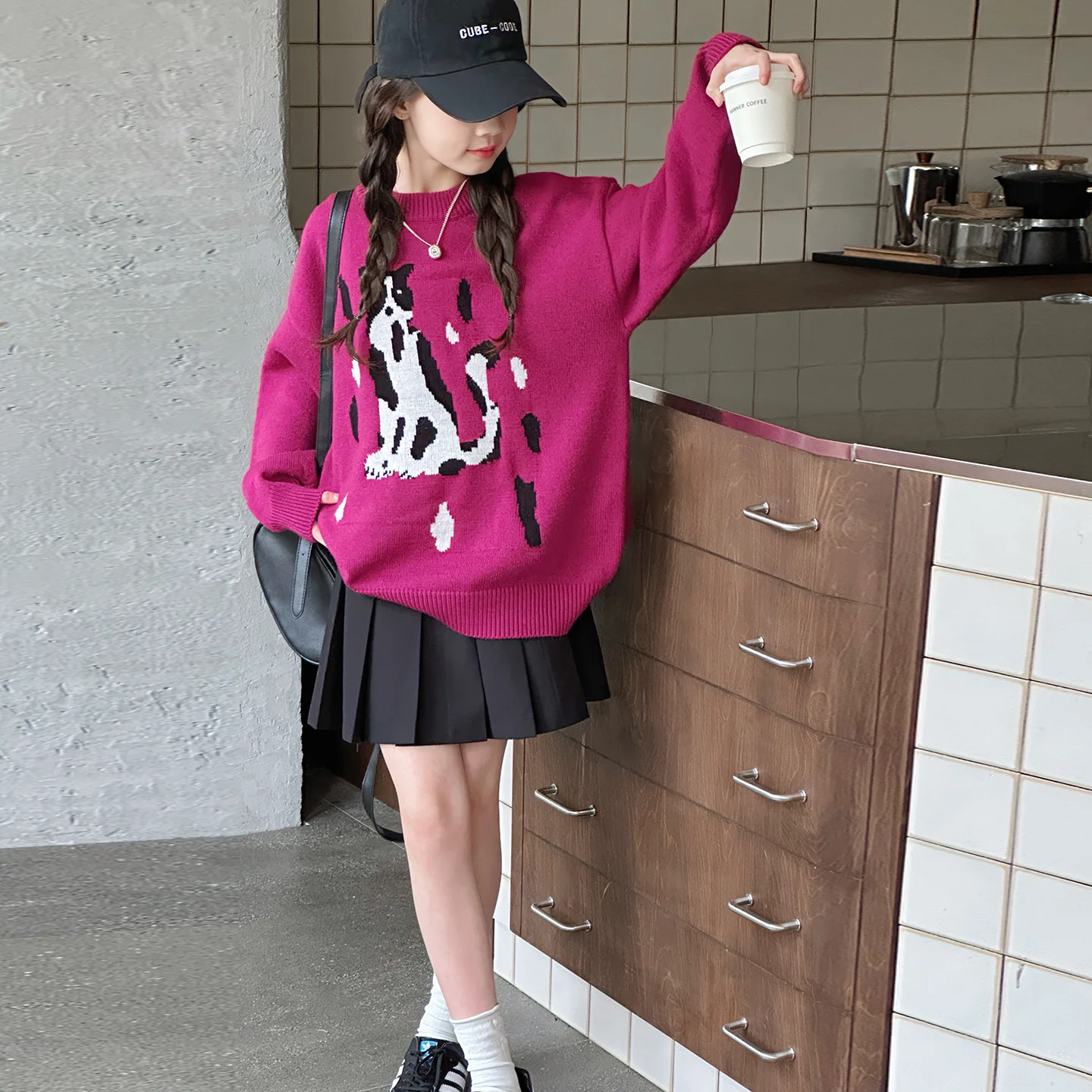 Kid Sweater Ages 6-14Y Baby Girl Vintage Fashion Spring Autumn Rose Pink Knitwear Tween Girl Y2k Outfit Child Daily Pullover