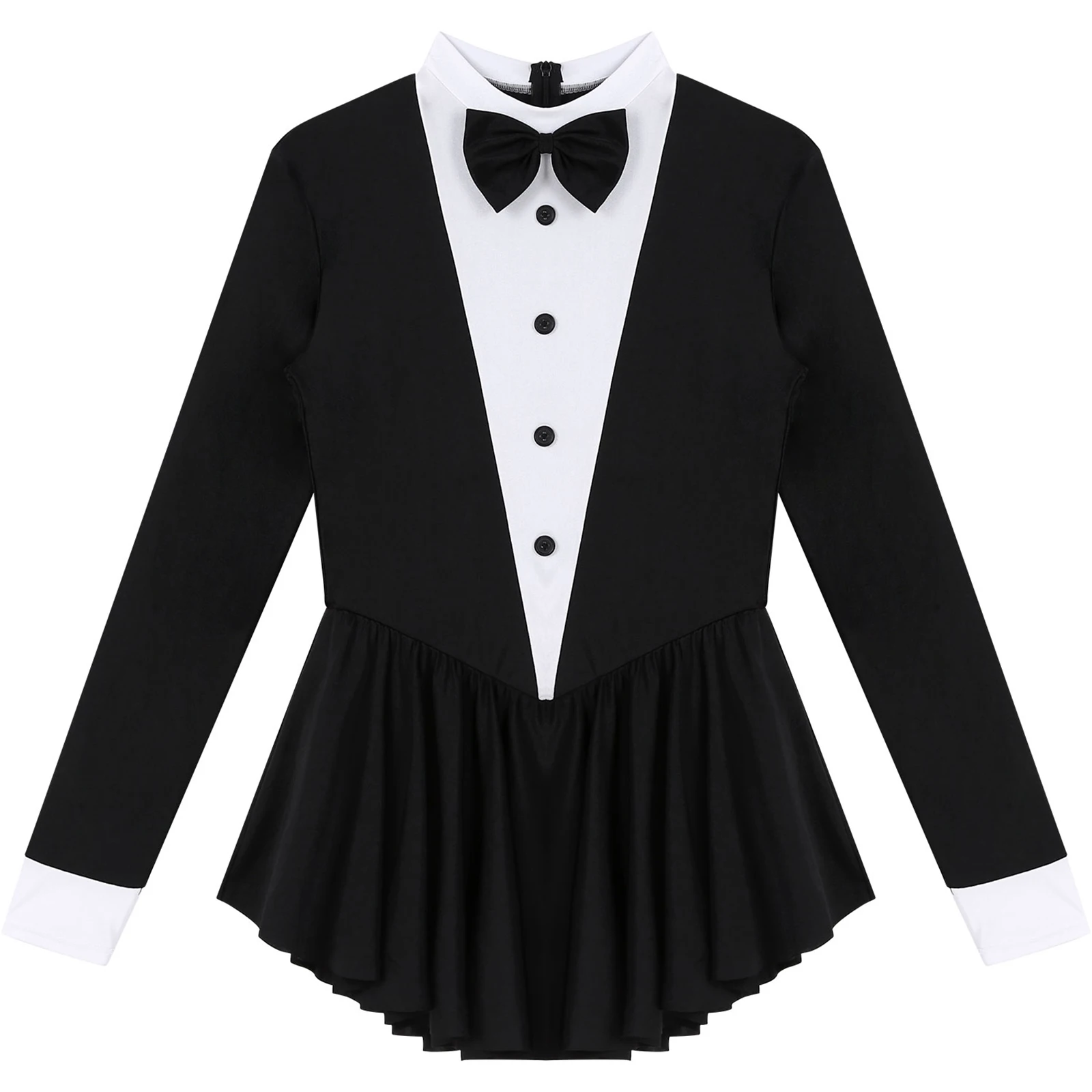 Womens Tuxedo Waitress Role Play Costume Bowknot Long Sleeve Ruffle Dress Ballroom Latin Dance Dress Modern Ballet Dancewear