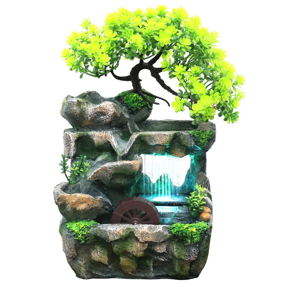 

Indoor Desktop Feng Shui Rockery Fountain Decor Living Room Flowing Water Waterfall Ornament with 7-Color Light US Plug