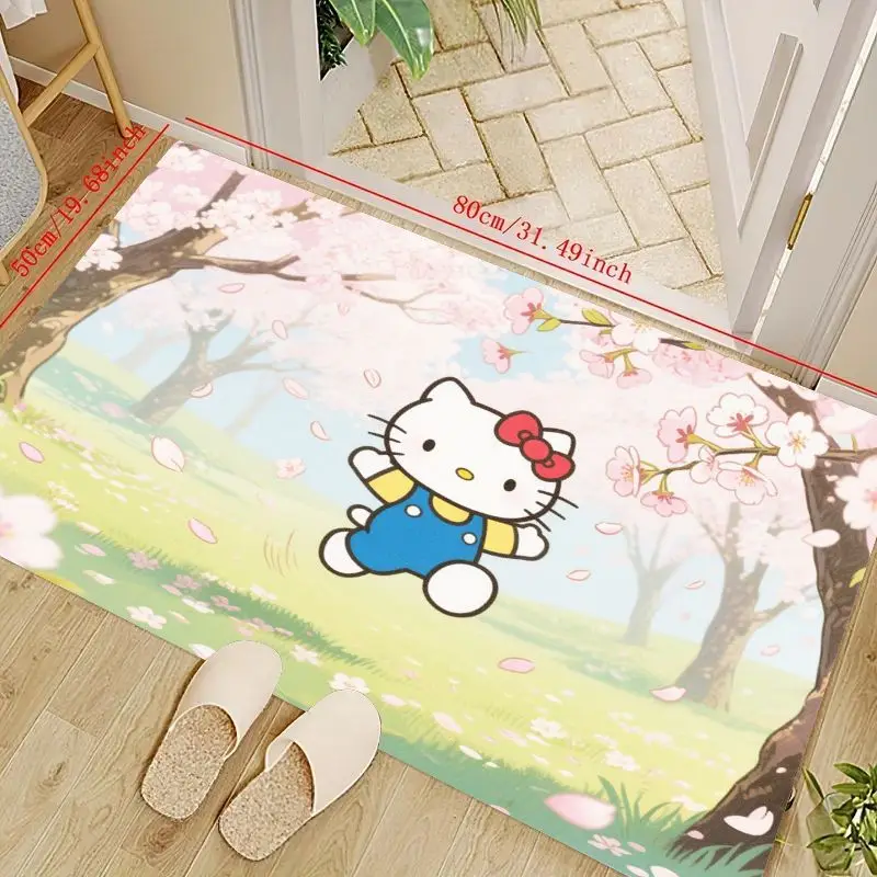 

1PC Cute Hello Kitty Cherry Blossom Floor Mat, Kawaii Anime Cartoon Doormat for Living Room Bedroom Entryway, Soft Non-Slip Wash