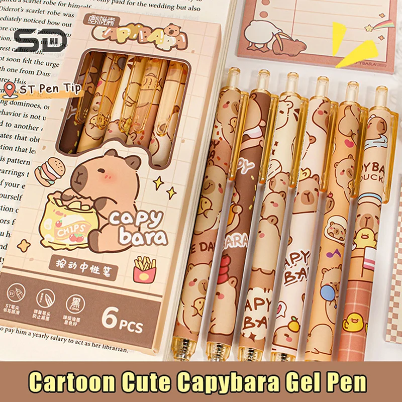 6Pcs Cute Capybara Pressing Gel Pens Kawaii Black Ink Pen Set School Supplies Cartoon Capybara Neutral Pen Aesthetic Stationery