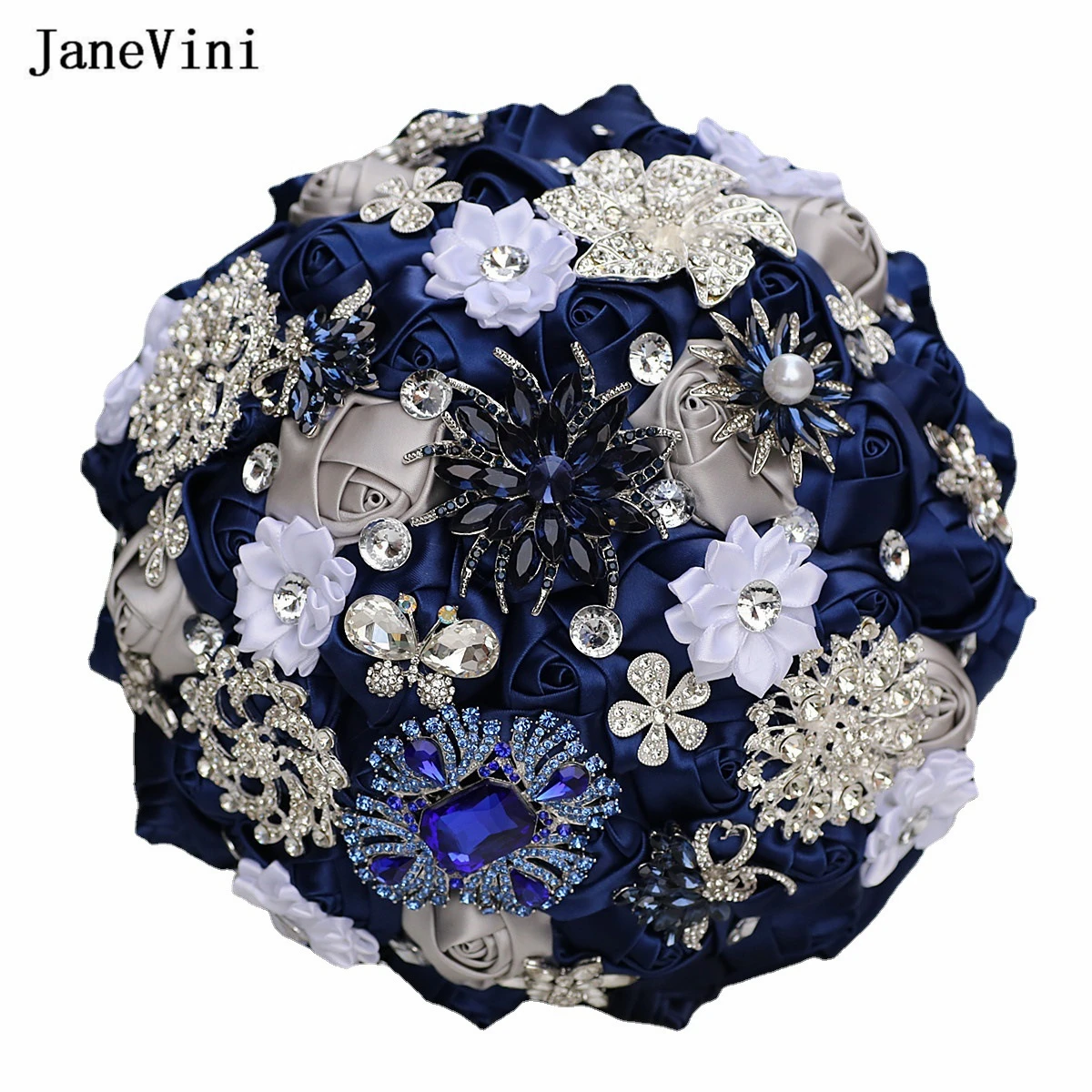 JaneVini Elegant Navy Blue Satin Roses Bridal Bouquets Shiny Rhinestone Crystal Brooch Stitch Artificial Wedding Bouquet Flowers