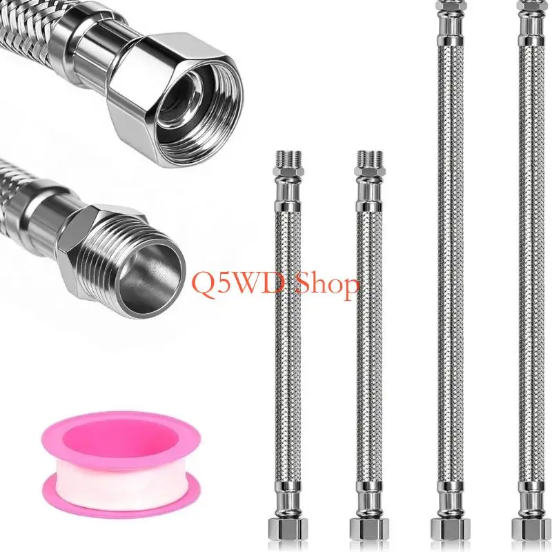 Q5WD 4Pcs Reinforced Hose Extension Fitting Hose Bendable Stainless Steel Flexible Plumbing Hoses With 3/8 Inch Thread