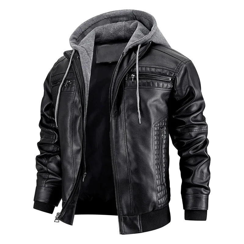 Herren Kunstleder Jacke Vintage Kapuze gefälschte zweiteilige Fleece Motorrad Biker Jacken Mode lässig Stand Kragen Mantel Herbst