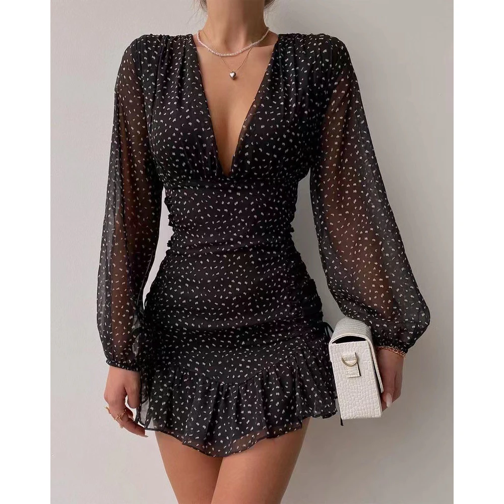 2026 Fashion Women Dot Print V Neck Chiffon Dress Femme Hem Ruffle Bodycon Lantern Sleeve Mini Party Dress Robe Outfits Clothing