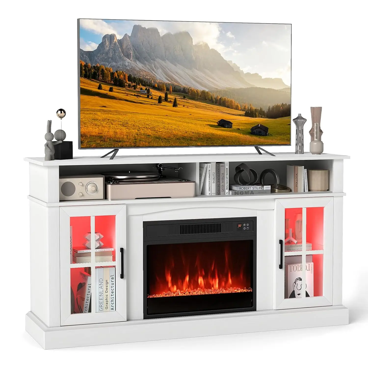 58 Inch Electric Fireplace TV Stand With LED Lights & Storage Cabinet For Living Room, Customized