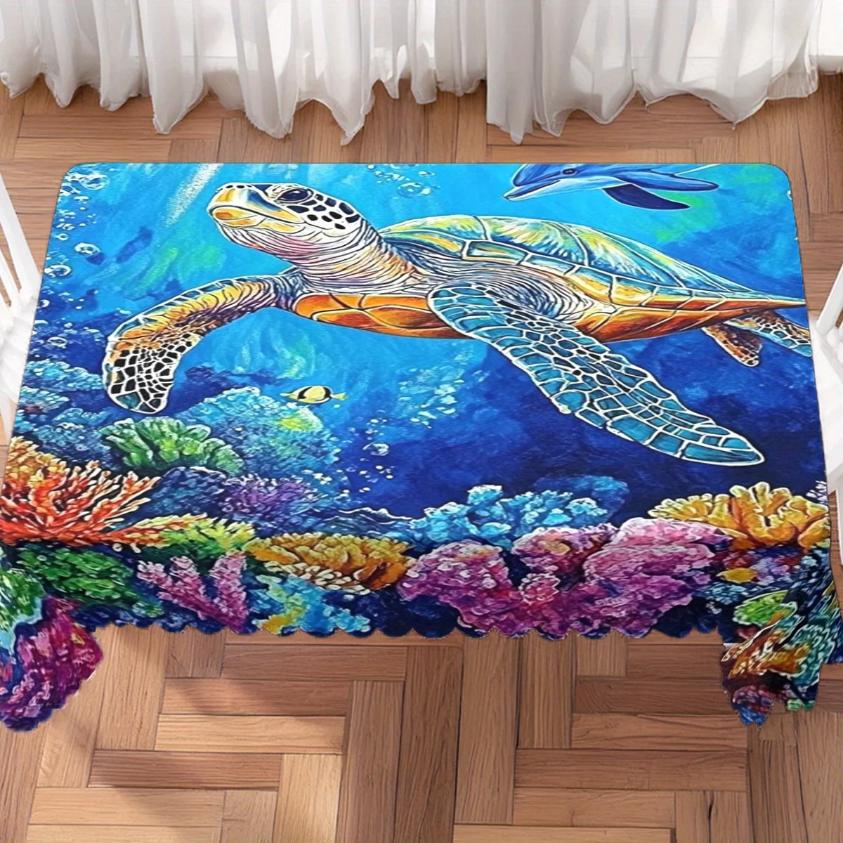 Elegant Sea Turtle Dolphin Coral Undersea Print Waterproof Tablecloth, Rectangular Cover for Home Dining Ocean Theme Party Decor