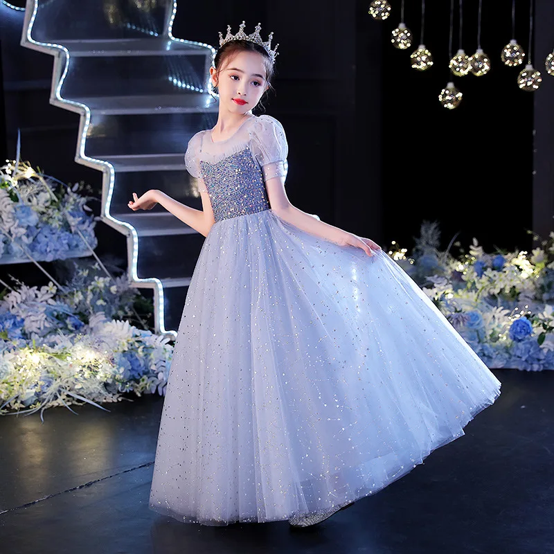 Child Girls Blue Puffy Dresses for Elegant Party and Wedding Pageant Ball Gowns Luxury Kid Evening Formal Special Occasion Dress