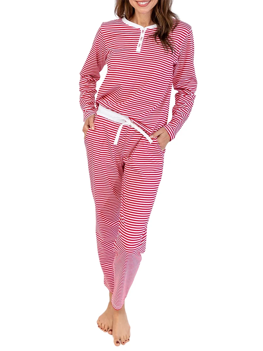 Women Lounge Oversized Pajama Set Striped Print Long Sleeve Henley Neck T-shirt with Pants Sleepwear Loungewear