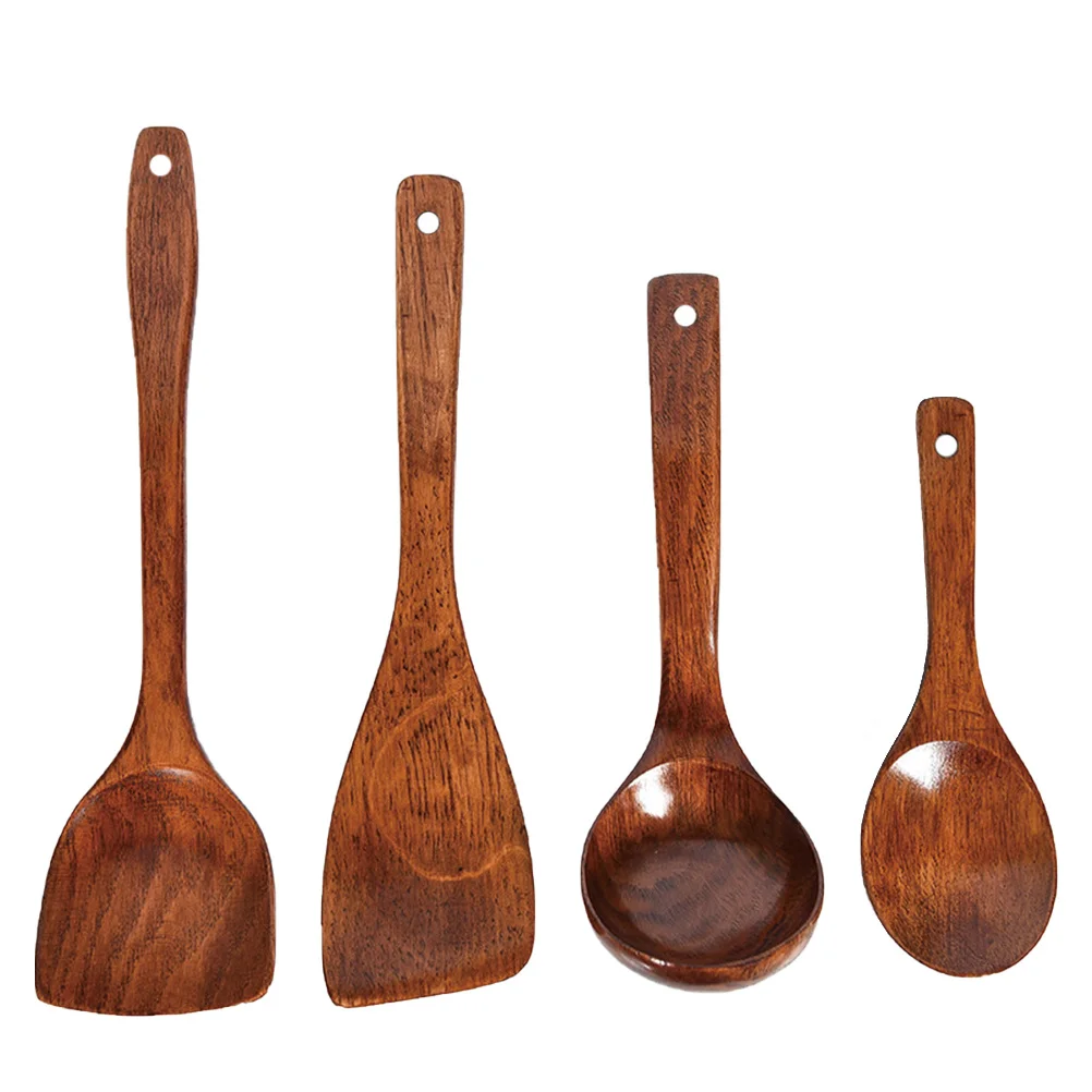 

4pcs Wooden Soup Spoon Set Natural Long Handle Serving Spatula For Cooking Stirring Large Food Portions Kitchen Utensil