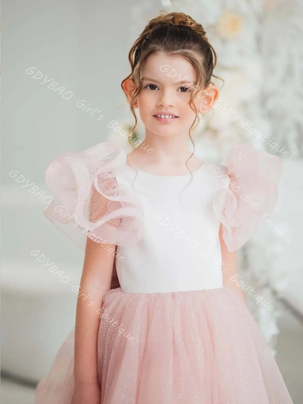 어린 소녀 핑크 미인 대회 드레스 오픈 백 프릴 Tulle 공주 꽃 소녀 드레스 a 라인 맞춤형 어린이 생일 파티 가운