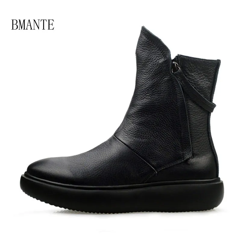 Bmante Men Shoes Genuine Leather Trainers Male Adult Ankle Fur Boots Casual Zip Flats Shose Gothic Owen Japan Style Punk Sneaker