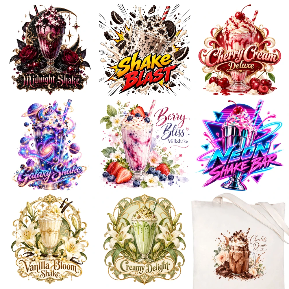 9 Pcs Milkshake Designs Iron on DTF Transfers Washable Clothing Stickers
