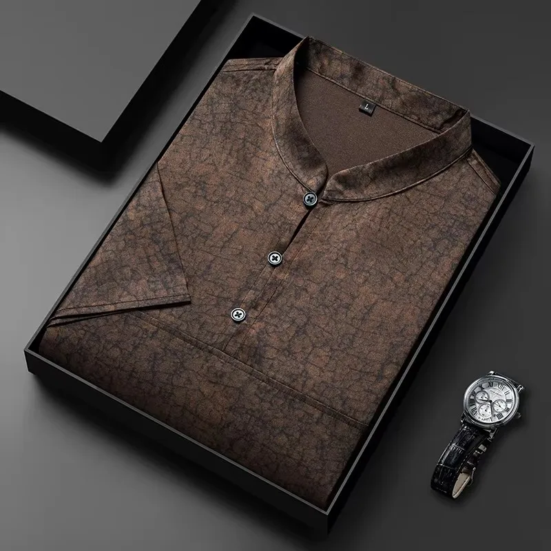 Tang Costume Silk 90.8% T Shirt For Men Short Sleeved Stand Collar Summer Quality Smooth Comfortable Premium Camisetas De Hombre