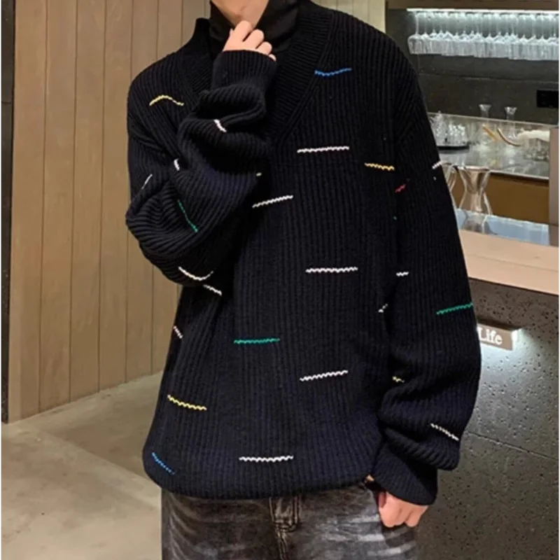 Men's Black V-neck New Knit Sweater Colorful Line Design Oversized Long Sleeve Casual Fashion Warm Pullover