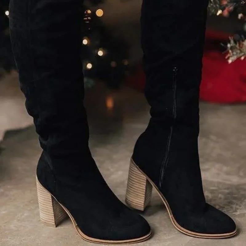 Knee High Boots Women 2024 New Thick Heel High Heel Small Person Show Thin Suede Boots Women Side Zipper Boots Brown Long Boots