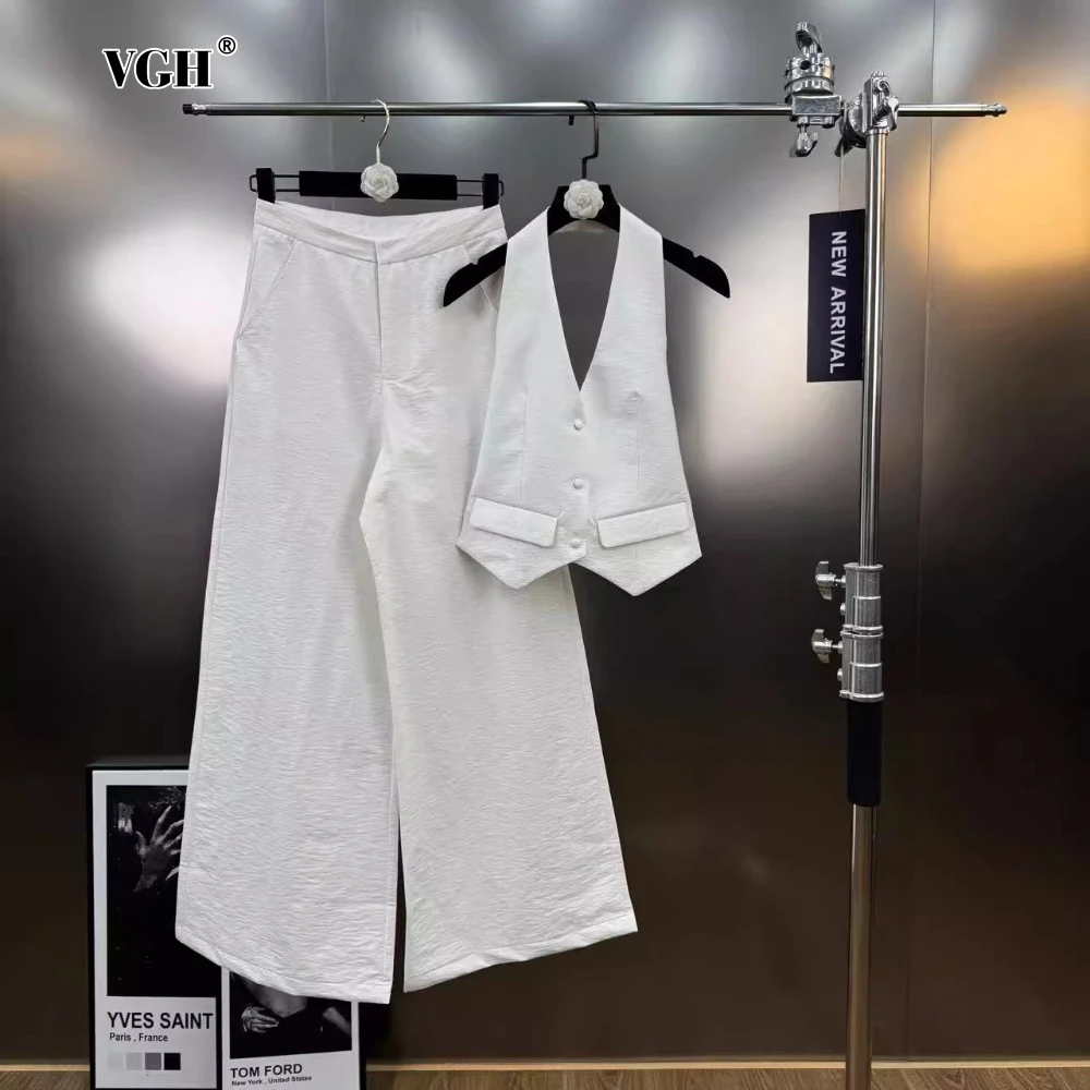

VGH Temperament Two Piece Set for Women Halter Neck Patchwork Single Breasted Vest with Wide Leg Trousers Elegant Suit Female