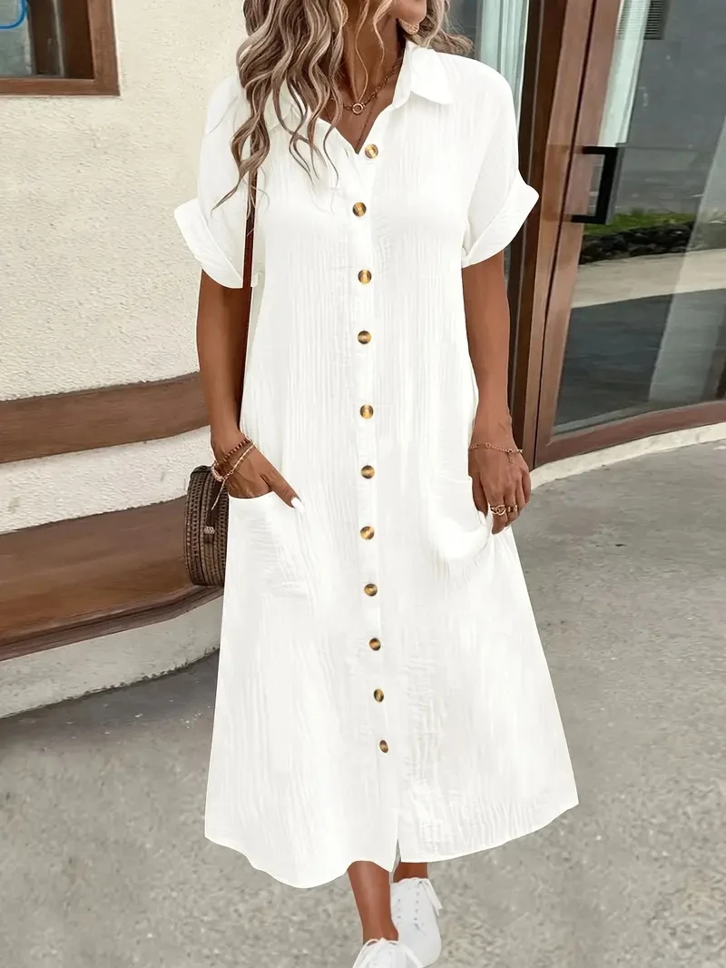 ชุดเดรสเชิ้ตฤดูร้อนลําลองของผู้หญิงปี 2025 ชุดเดรสแขนสั้นสีทึบ